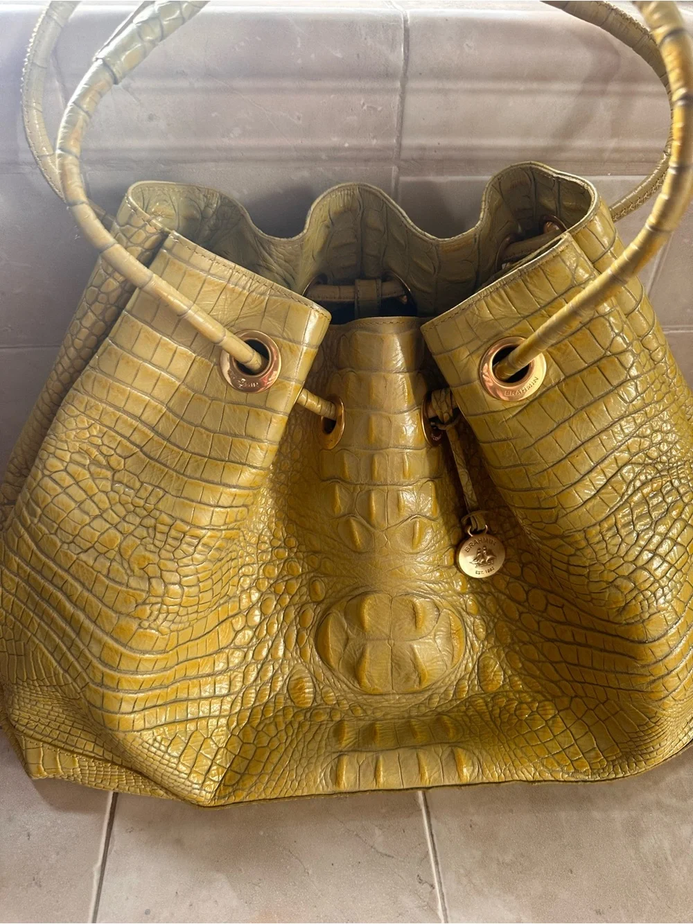 Brahmin Yellow Croc-Embossed Drawstring Hobo- EUC. Vintage